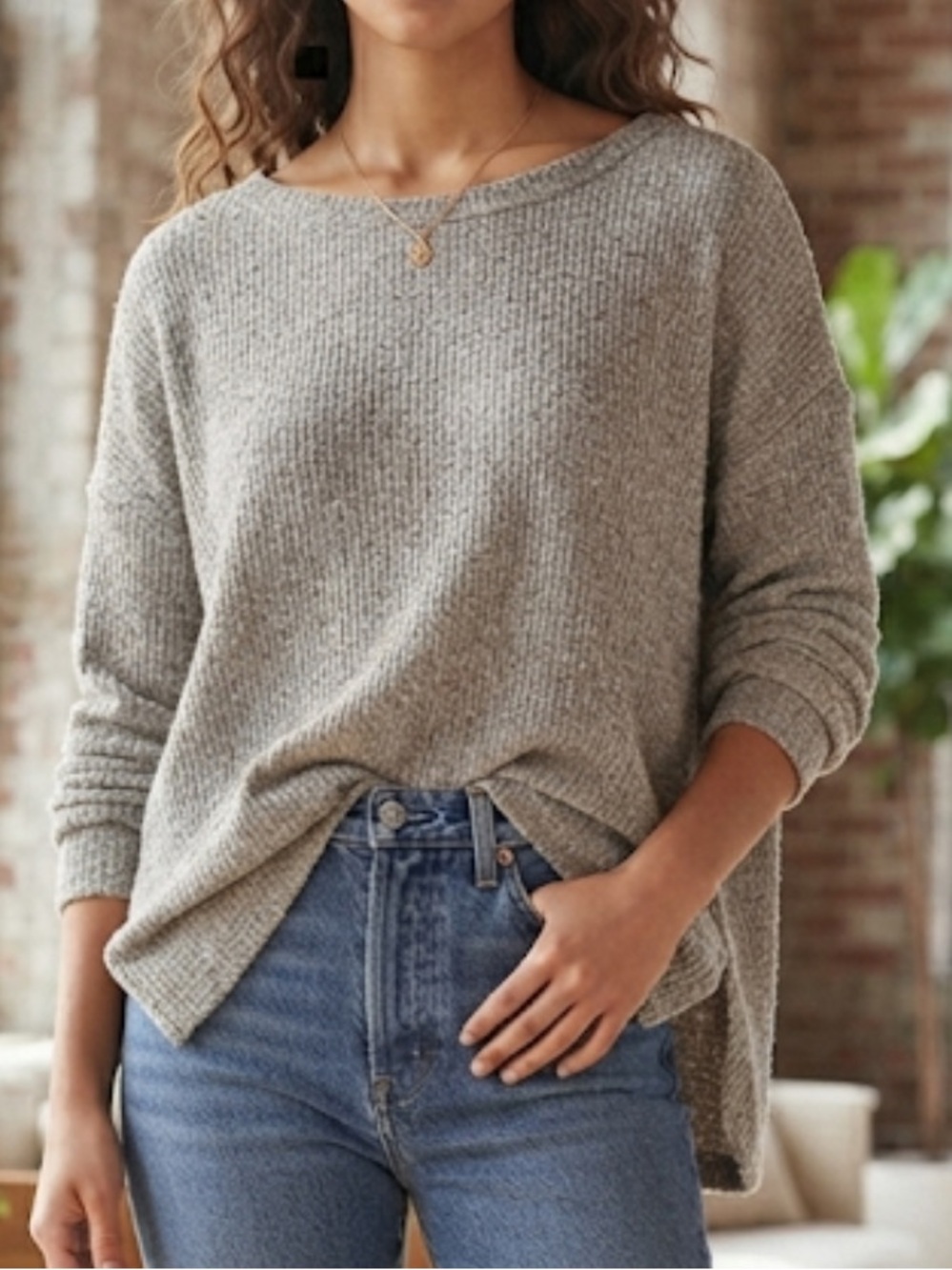 SUNDAY Ribbed Sweater Stretchy Slub Pullover Grey Medium